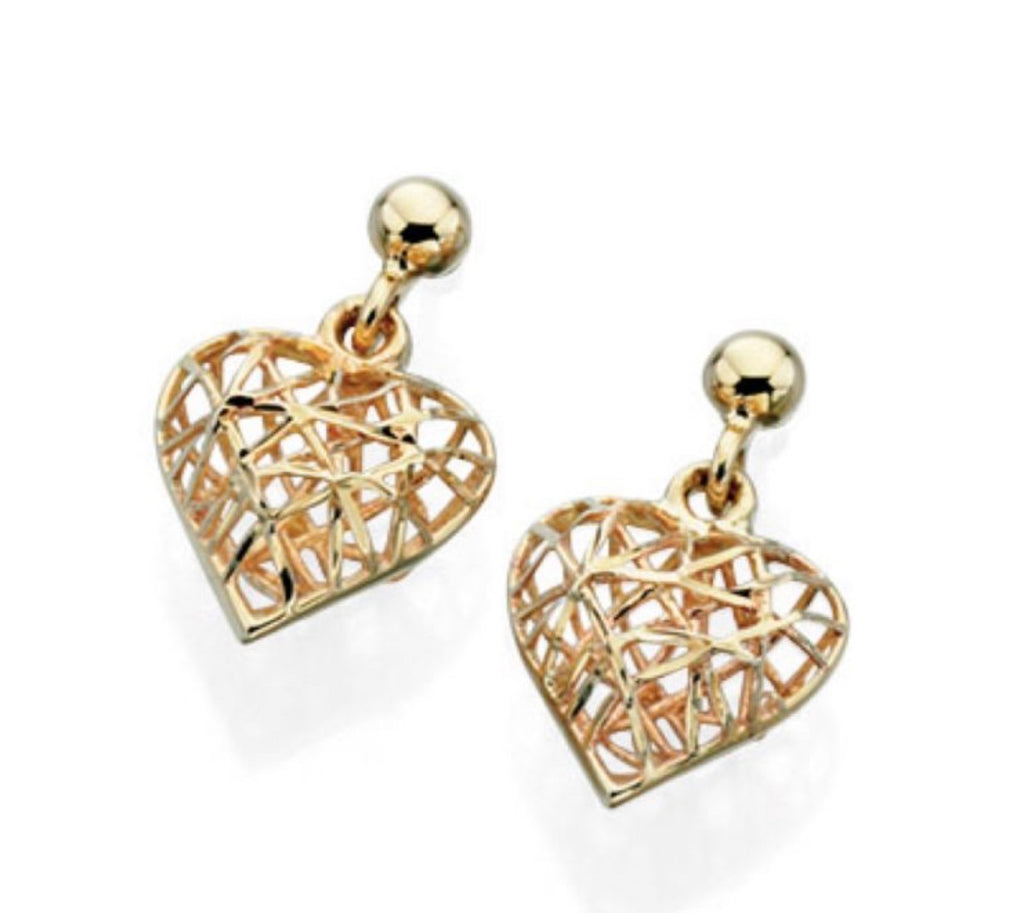 9ct Gold Caged Heart Drop Earrings