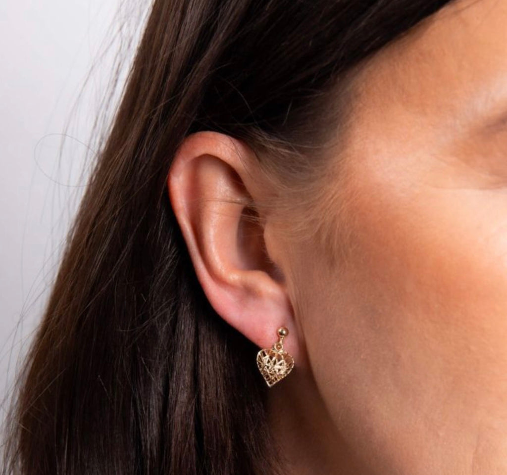 9ct Gold Caged Heart Drop Earrings