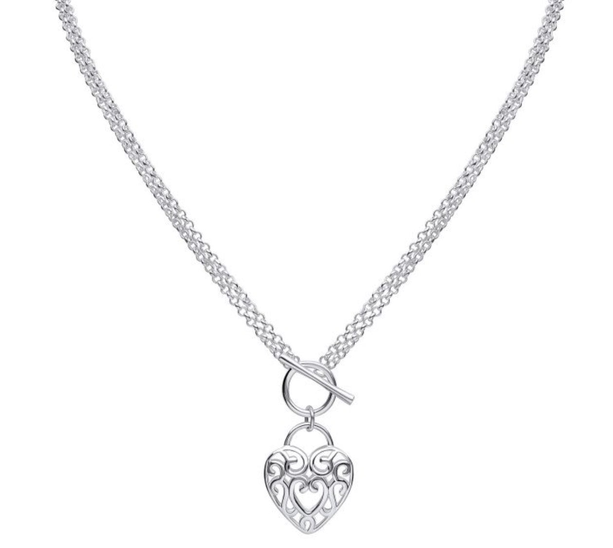 Large Filigree Heart Double Chain T-Bar Necklace in Sterling Silver