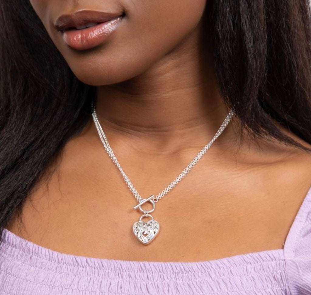 Large Filigree Heart Double Chain T-Bar Necklace in Sterling Silver
