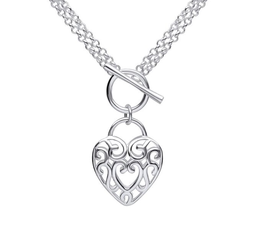 Large Filigree Heart Double Chain T-Bar Necklace in Sterling Silver