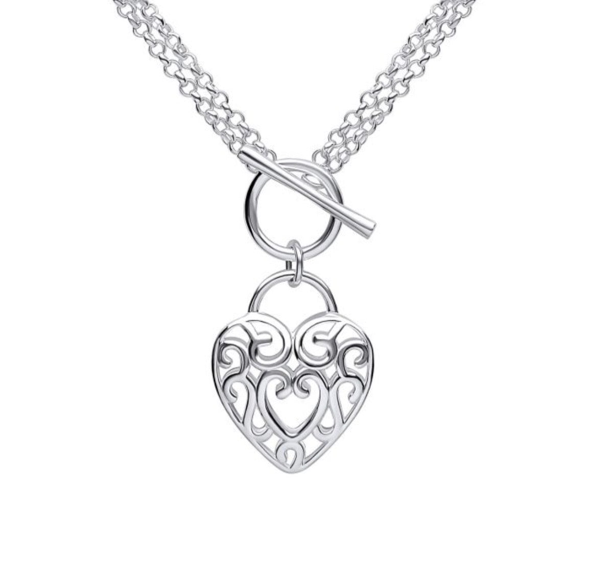 Large Filigree Heart Double Chain T-Bar Necklace in Sterling Silver