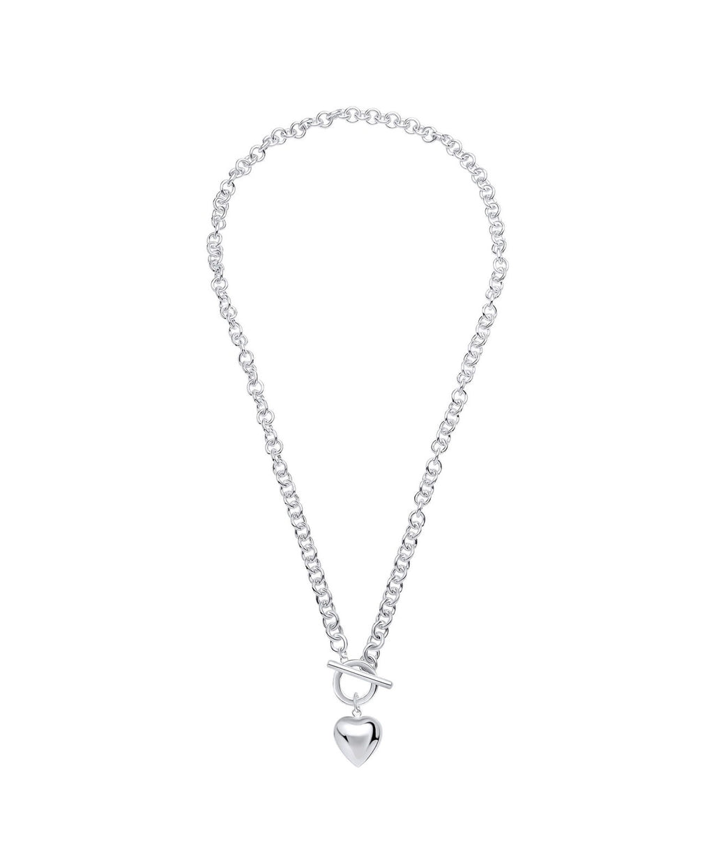 Sterling Silver Puff Heart T-Bar Chain Necklace