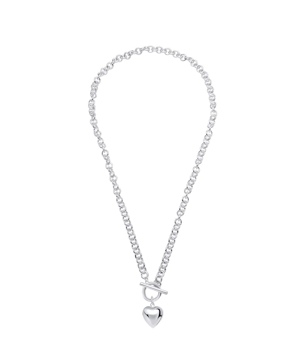 Sterling Silver Puff Heart T-Bar Chain Necklace