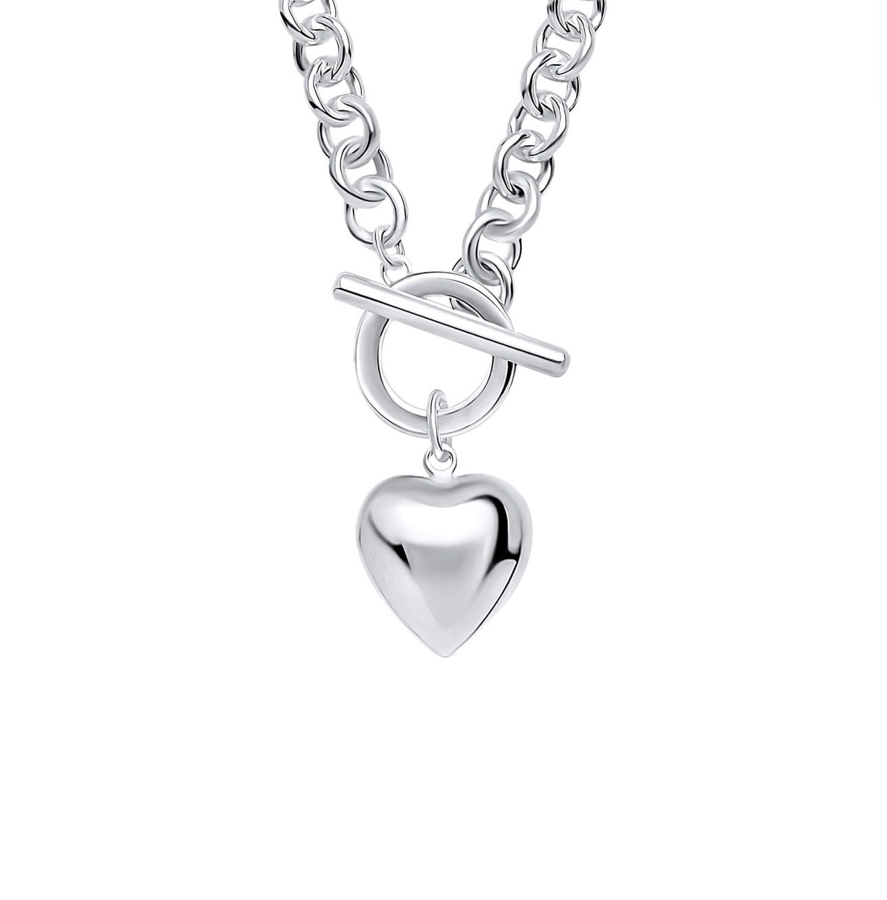 Sterling Silver Puff Heart T-Bar Chain Necklace