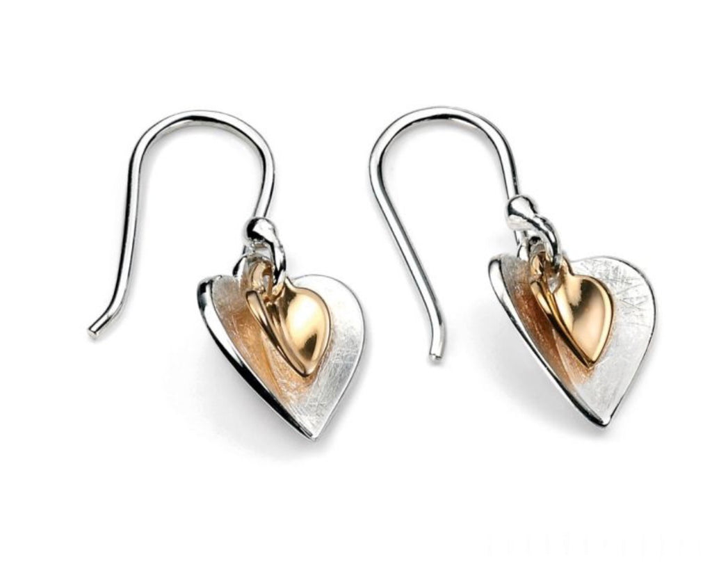 Double Heart Drop Earrings in Sterling Silver with Yellow Gold Plated Heart