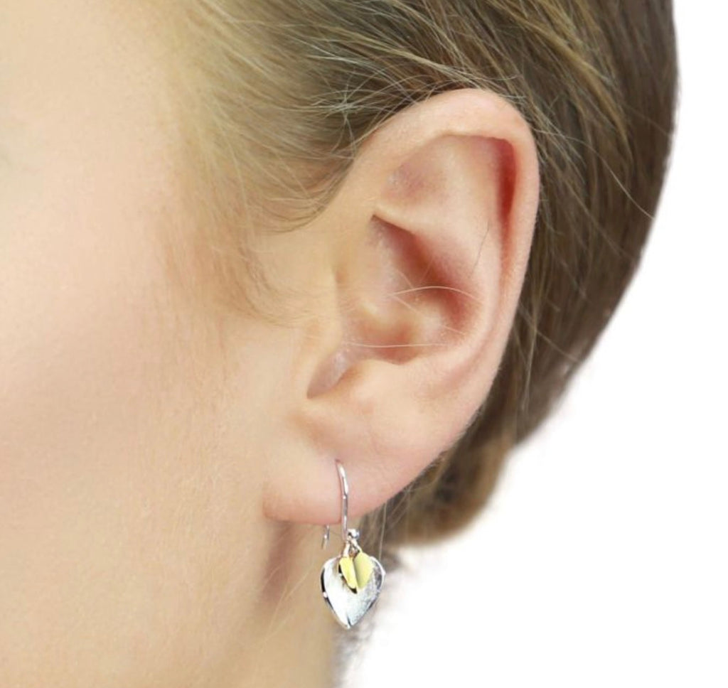 Double Heart Drop Earrings in Sterling Silver with Yellow Gold Plated Heart