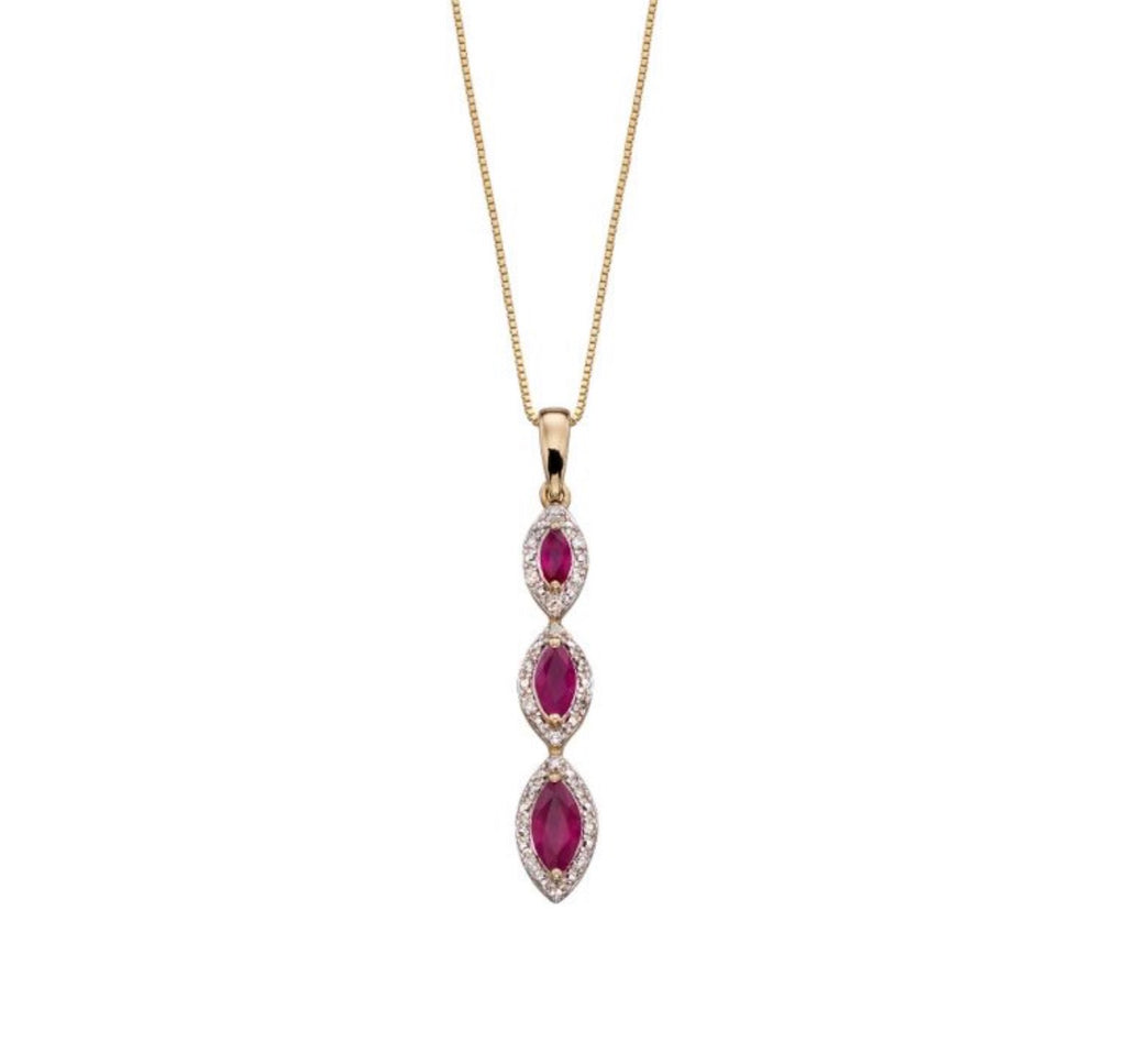 Marquise Triple Drop Ruby & Diamond Pendant Necklace in 9ct Yellow Gold