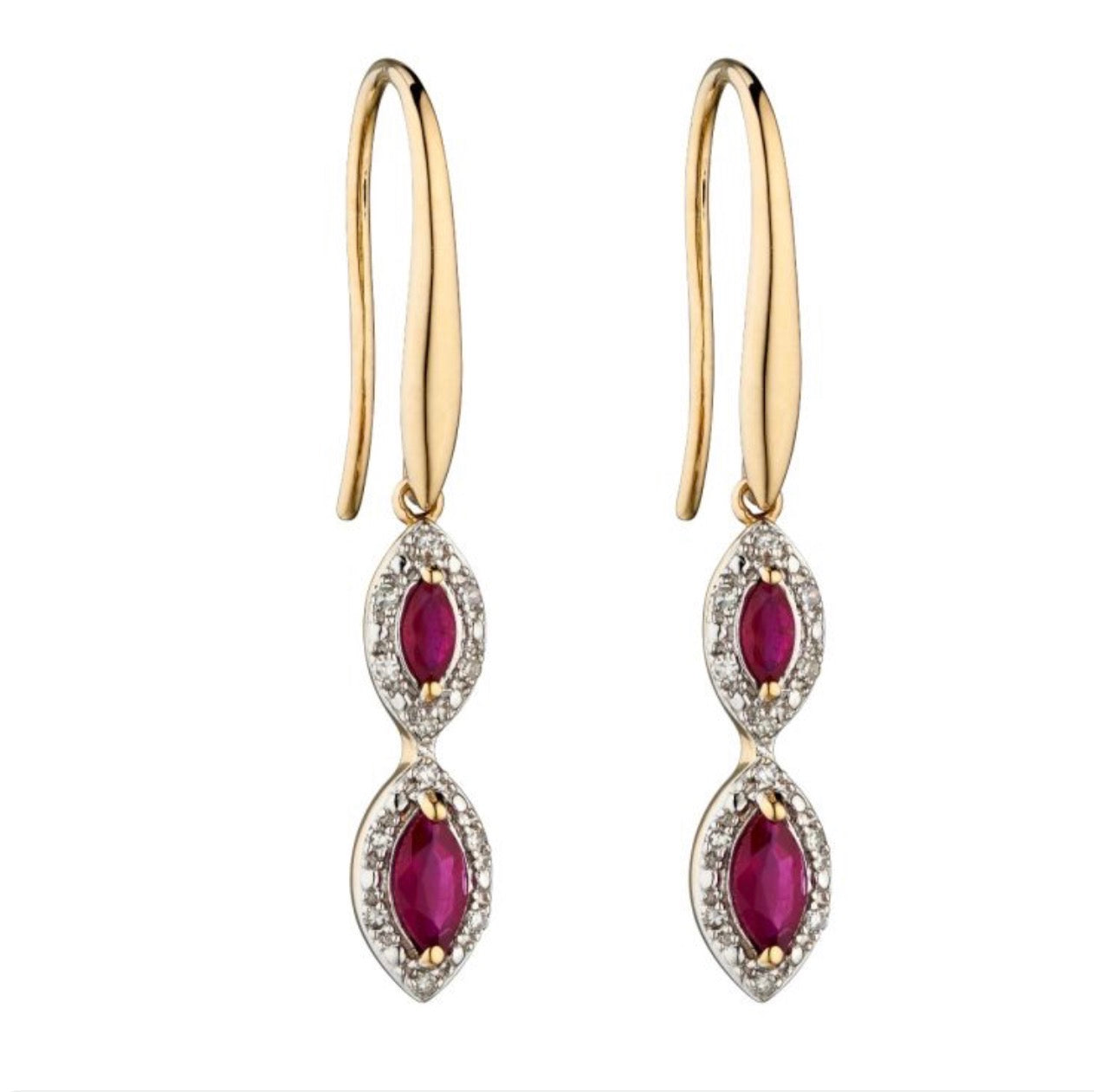 Marquise Double Drop Ruby & Diamond Earrings in 9ct Yellow Gold