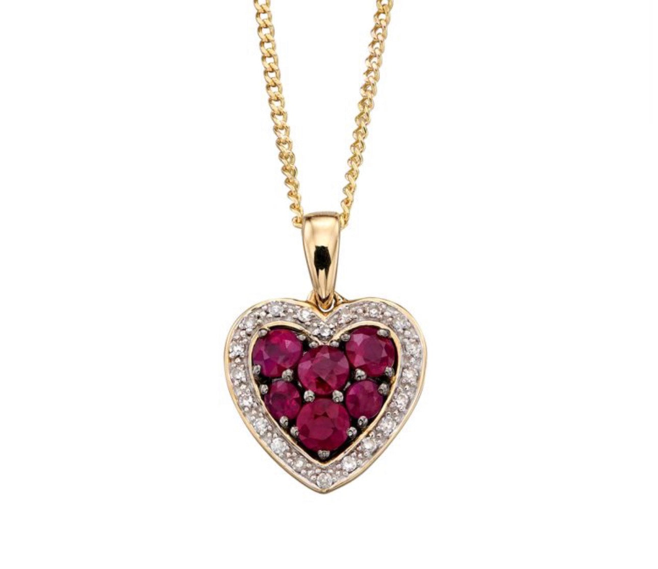 9ct Yellow Gold Ruby & Diamond Heart Pendant Necklace