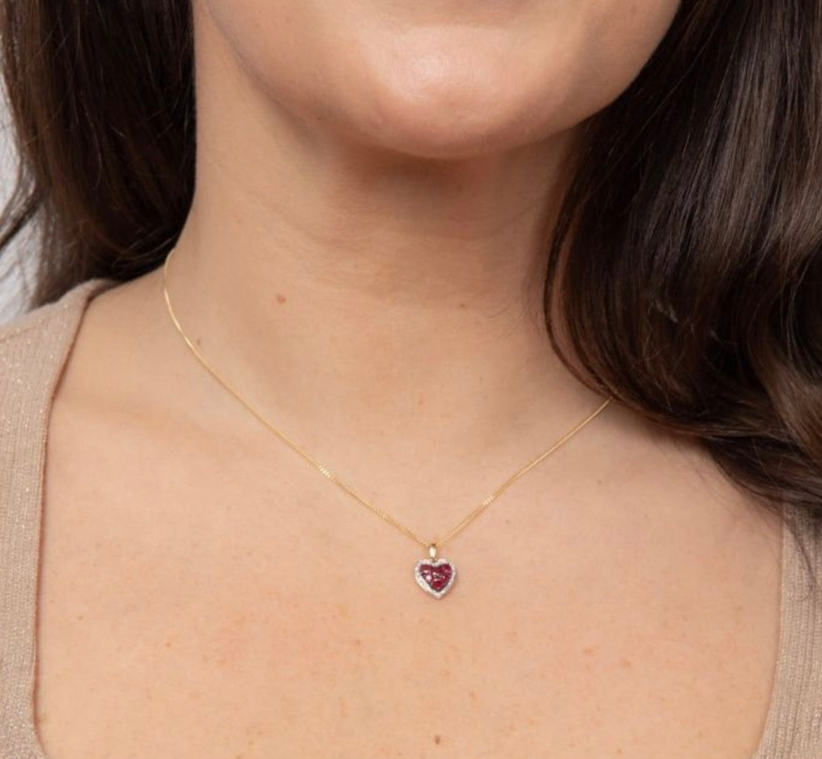 9ct Yellow Gold Ruby & Diamond Heart Pendant Necklace