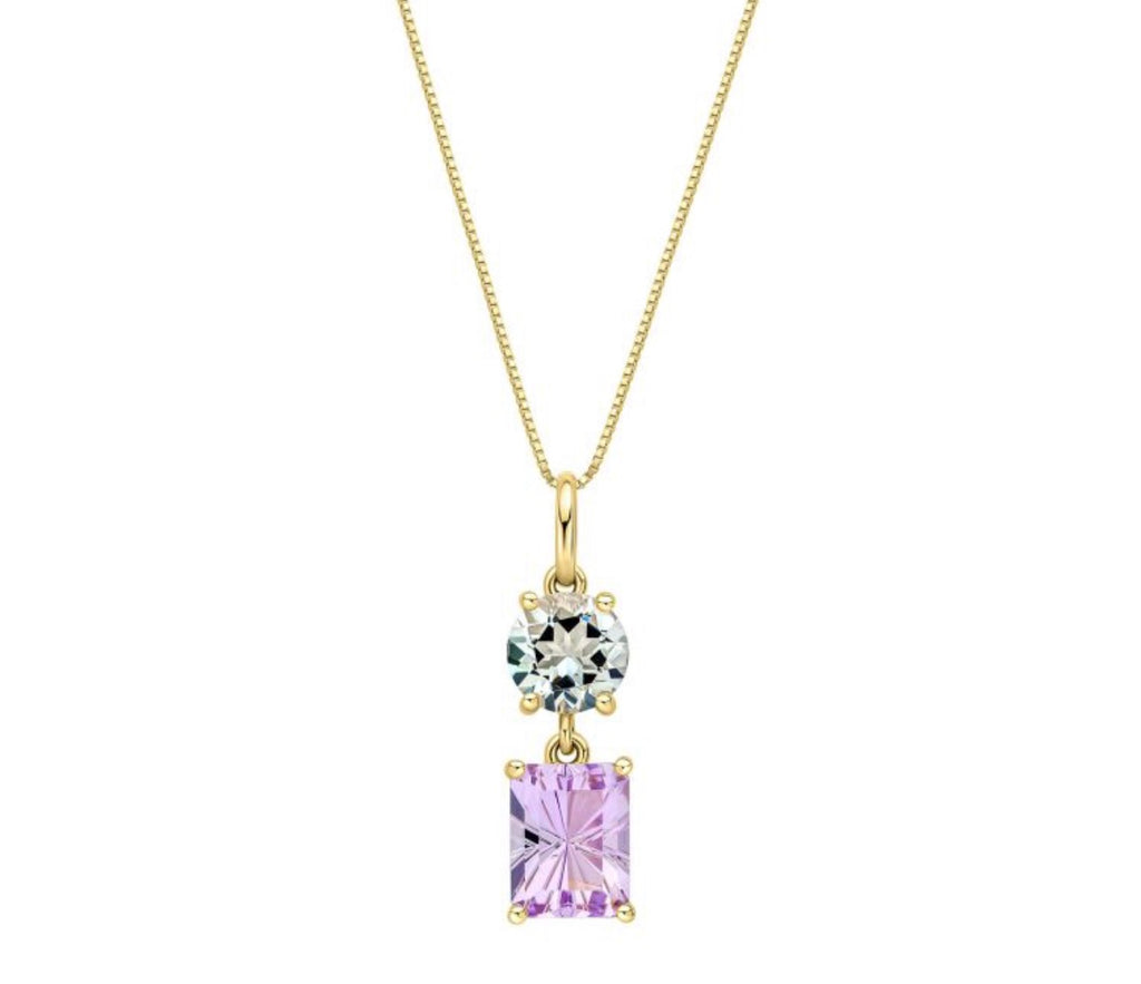 9ct Yellow Gold Toi et Moi Quartz & Amethyst Pendant Necklace. (With chain)