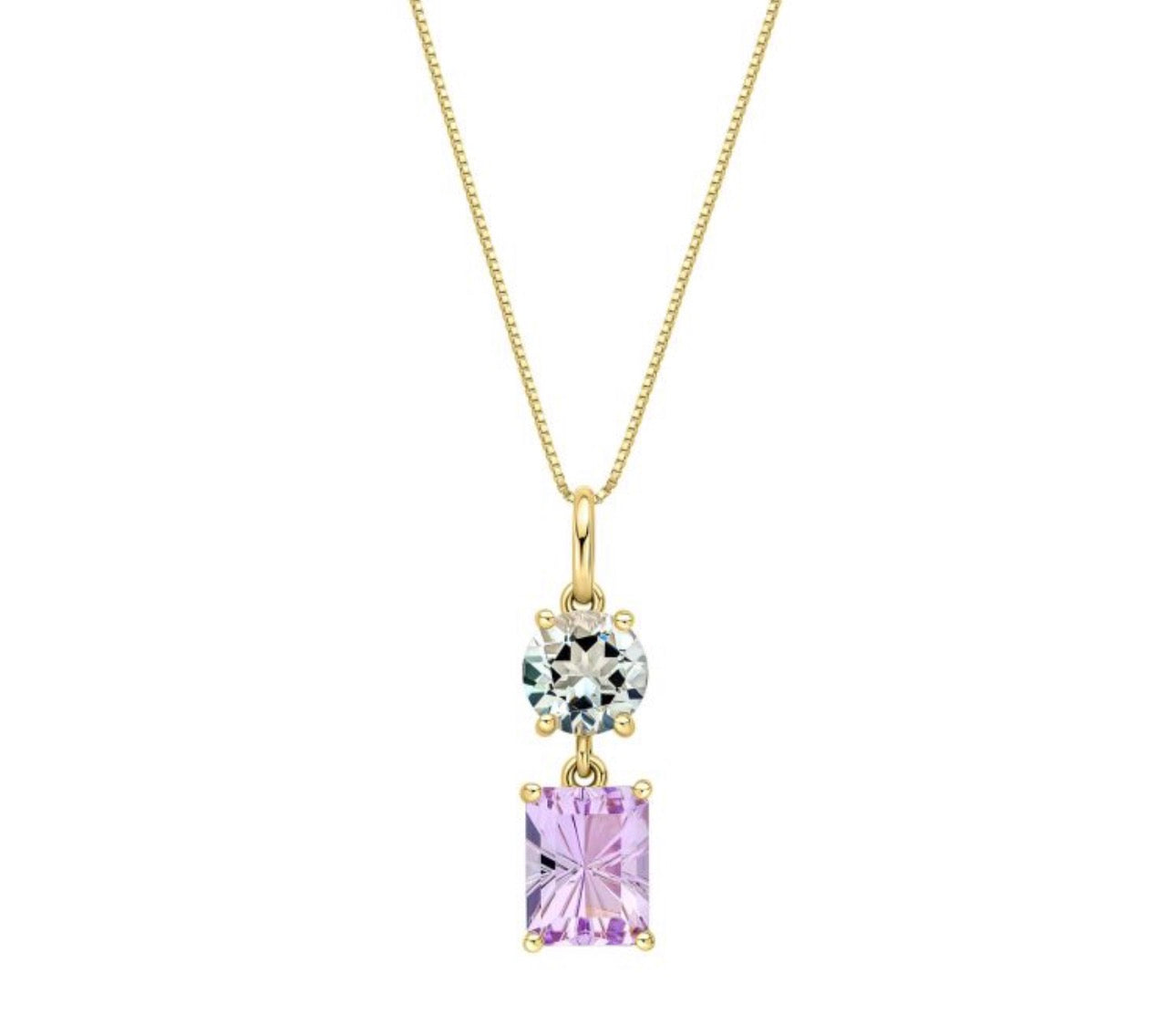 9ct Yellow Gold Toi et Moi Quartz & Amethyst Pendant Necklace. (With chain)