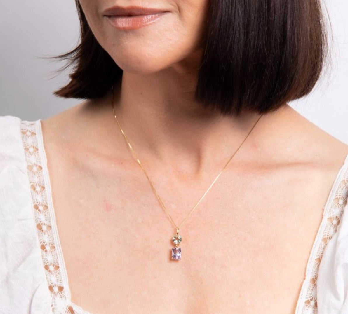 9ct Yellow Gold Toi et Moi Quartz & Amethyst Pendant Necklace. (With chain)