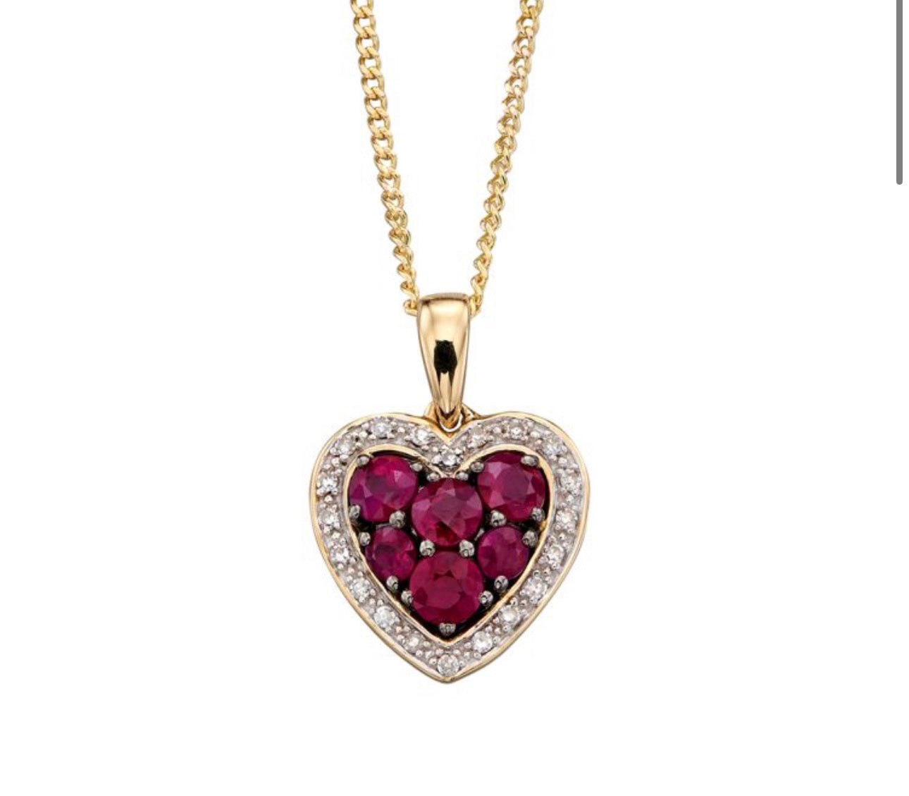 9ct Yellow Gold Ruby & Diamond Heart Pendant with Chain