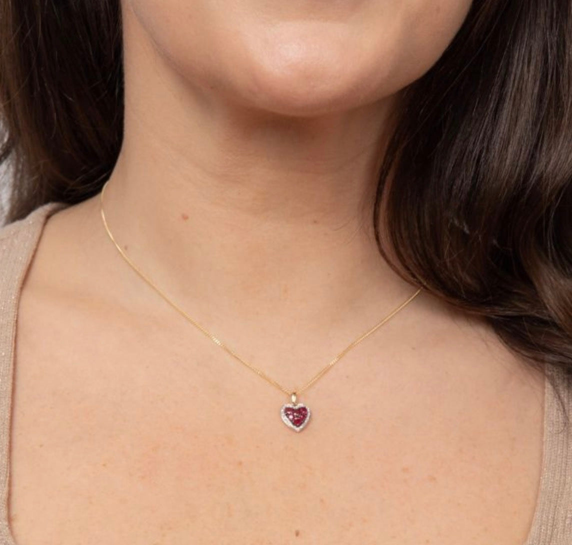 9ct Yellow Gold Ruby & Diamond Heart Pendant with Chain