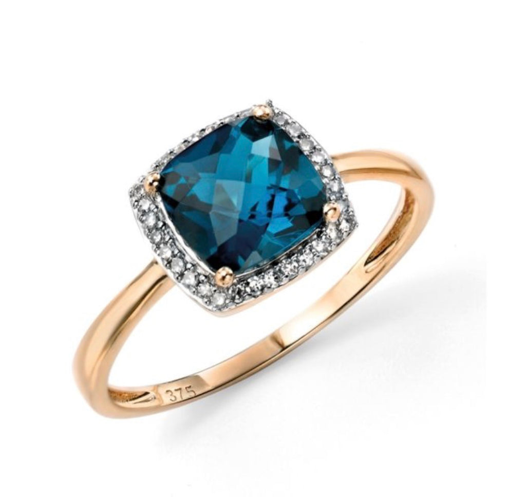 Checkerboard London Blue Topaz & Diamond Ring in 9ct Gold