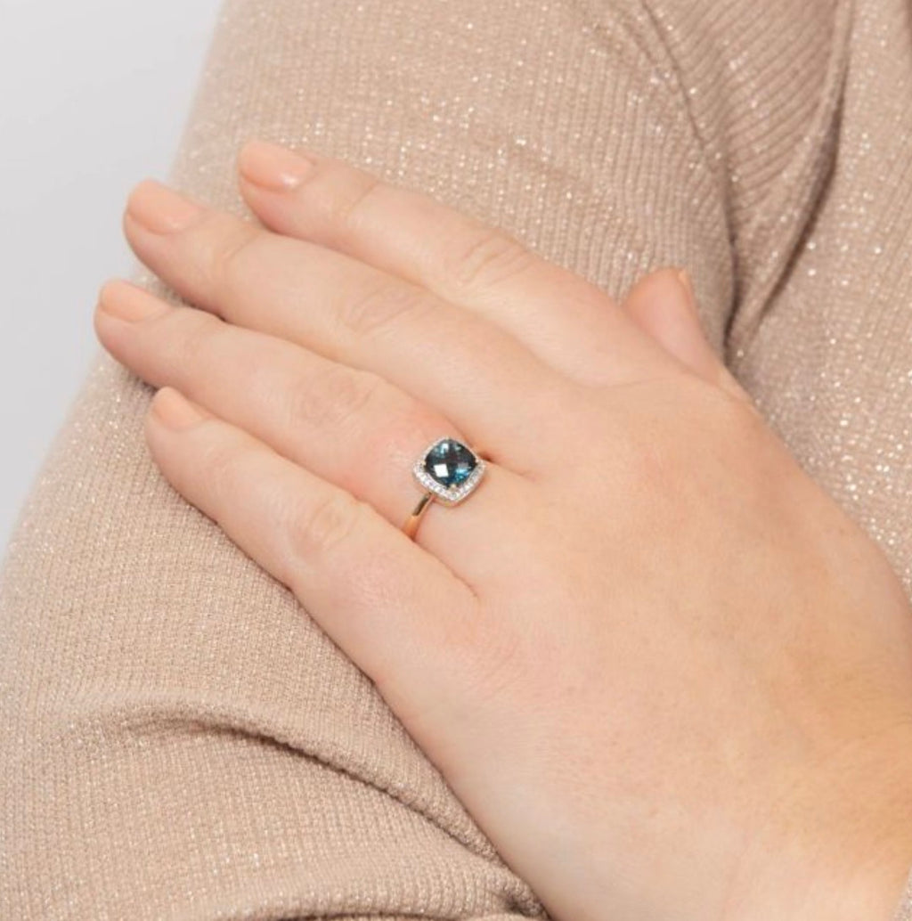 Checkerboard London Blue Topaz & Diamond Ring in 9ct Gold