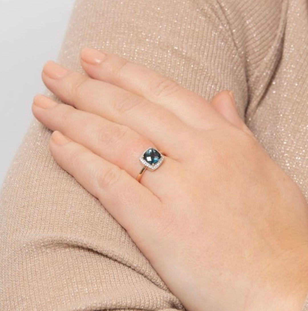 Checkerboard London Blue Topaz & Diamond Ring in 9ct Gold