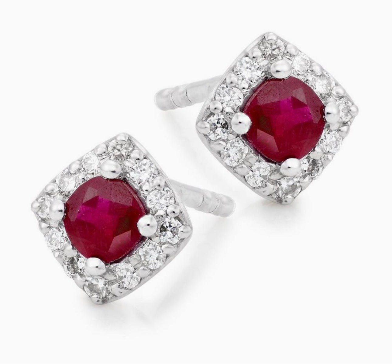 Cushion Cut Ruby & Diamond Halo Stud Earrings in 9ct White Gold
