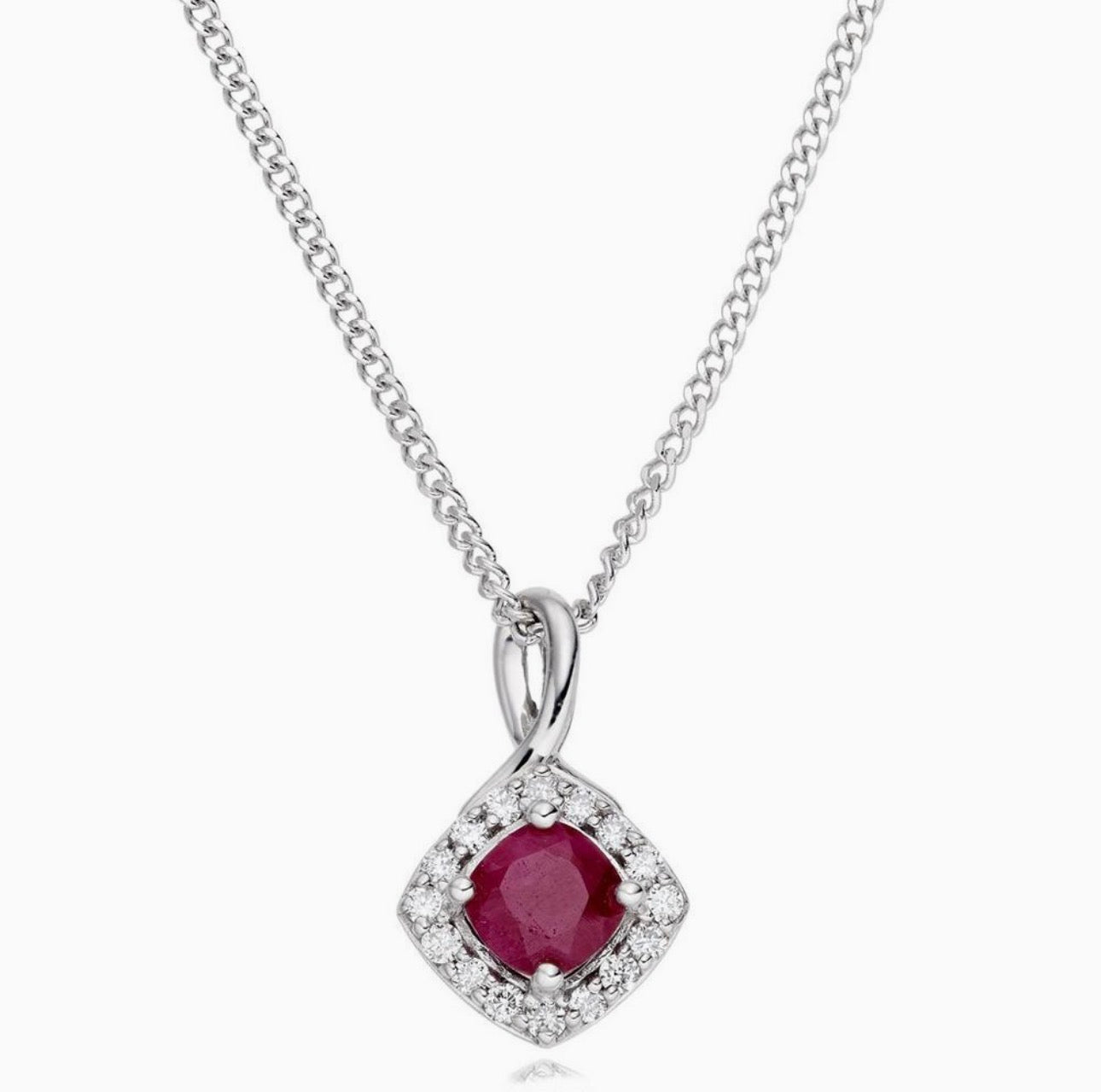 Cushion Cut Ruby & Diamond Halo Pendant Necklace in 9ct White Gold