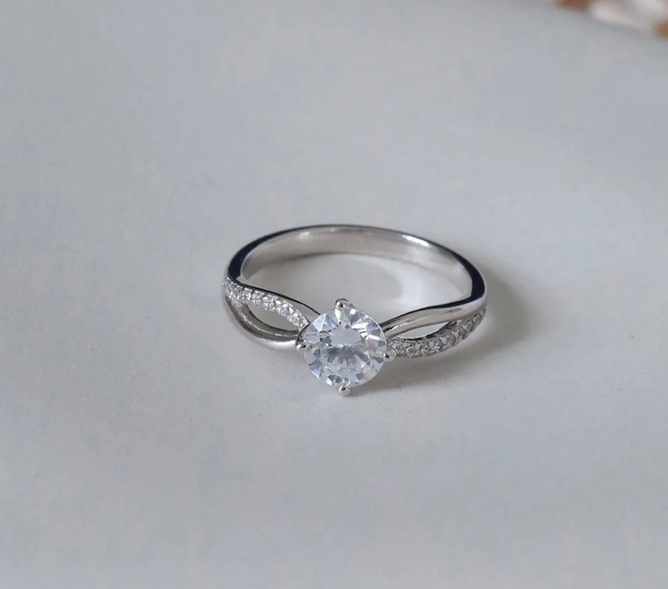 Sterling Silver Cubic Zirconia Crossover Solitaire Ring