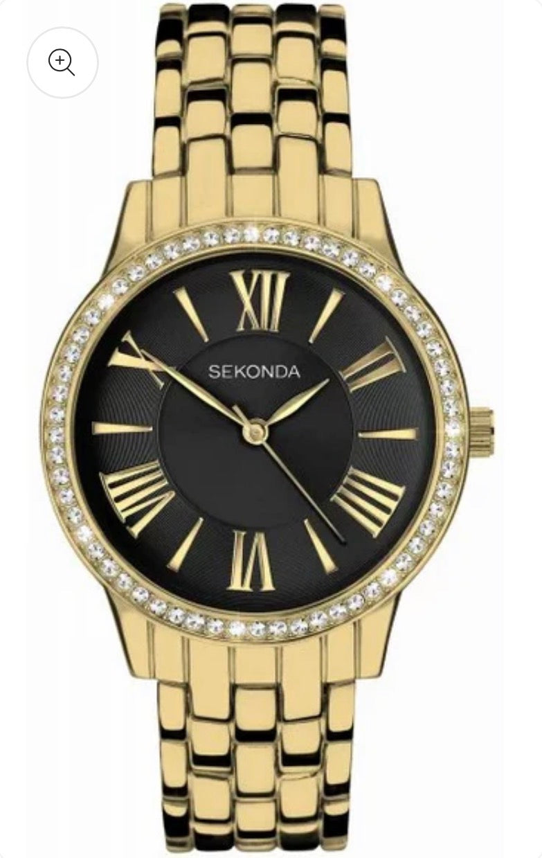 Sekonda Ladies Gold Tone Diamante Bracelet Watch – Black Dial