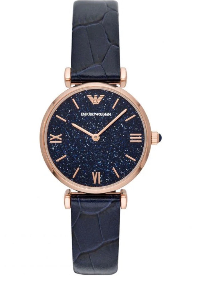 Emporio Armani AR11424 Two-Hand Blue Dial Leather Strap Watch Womens