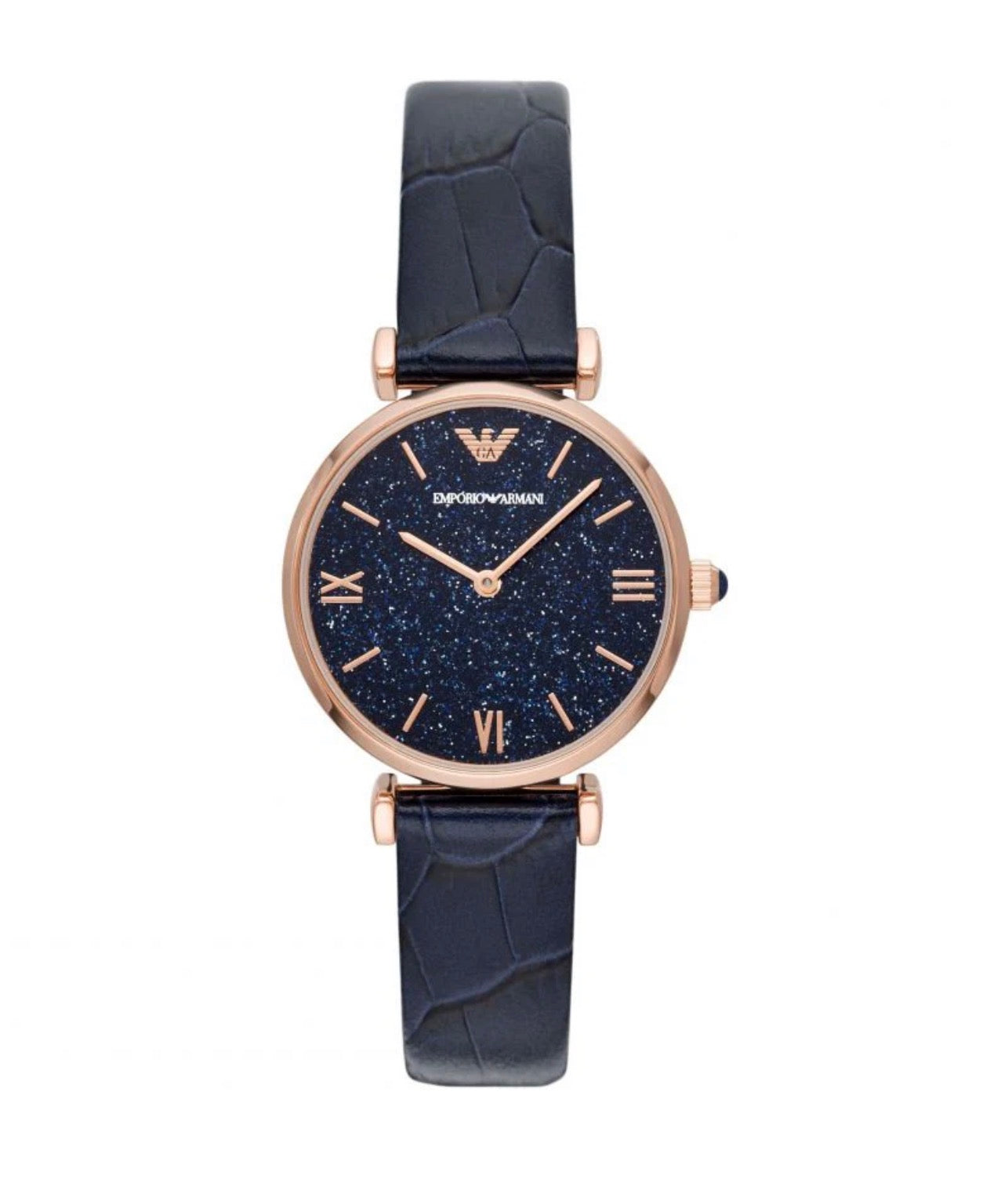 Emporio Armani AR11424 Two-Hand Blue Dial Leather Strap Watch Womens