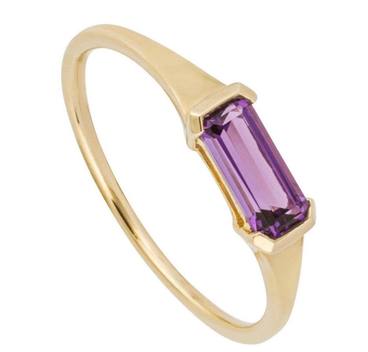 9ct Yellow Gold Baguette-Cut Amethyst Solitaire Ring