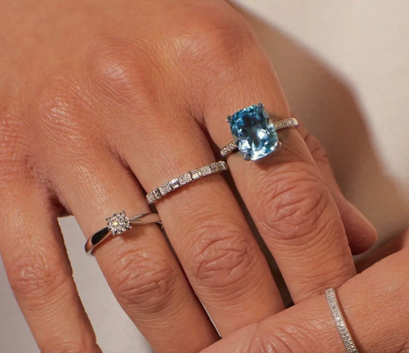 9ct White Gold Cushion-Cut Blue Topaz & Diamond Statement Ring