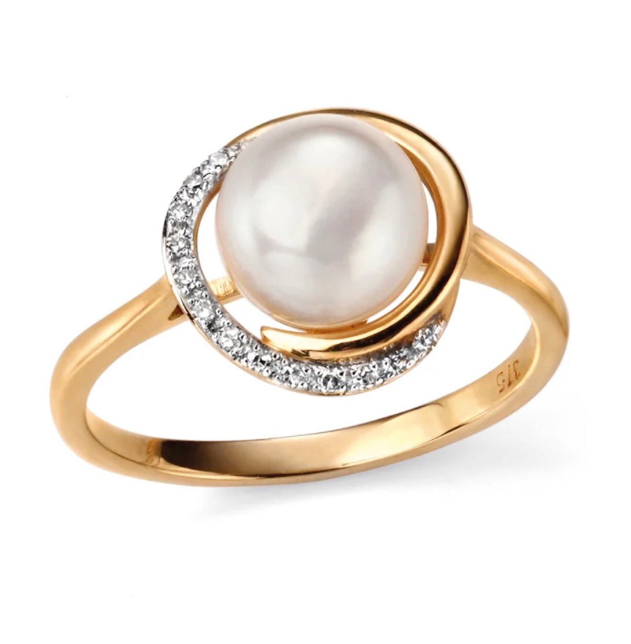 9ct Yellow Gold Button Pearl & Diamond Wave Ring