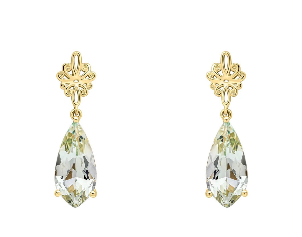 9ct Yellow Gold Green Quartz Drop Earrings with Swirl Detail