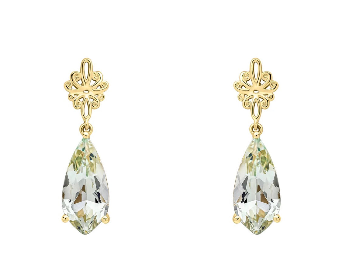 9ct Yellow Gold Green Quartz Drop Earrings with Swirl Detail