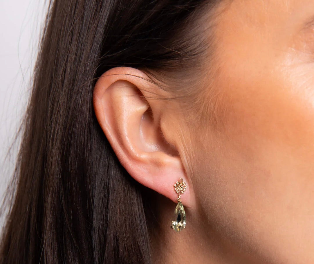9ct Yellow Gold Green Quartz Drop Earrings with Swirl Detail