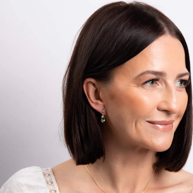 9ct Yellow Gold Green Quartz Drop Earrings with Swirl Detail