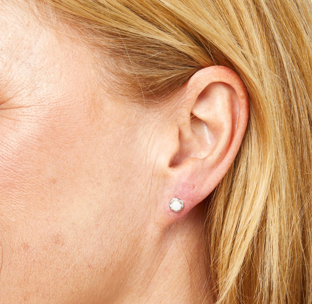 9ct Yellow Gold Opal Stud Earrings with Diamond Halo