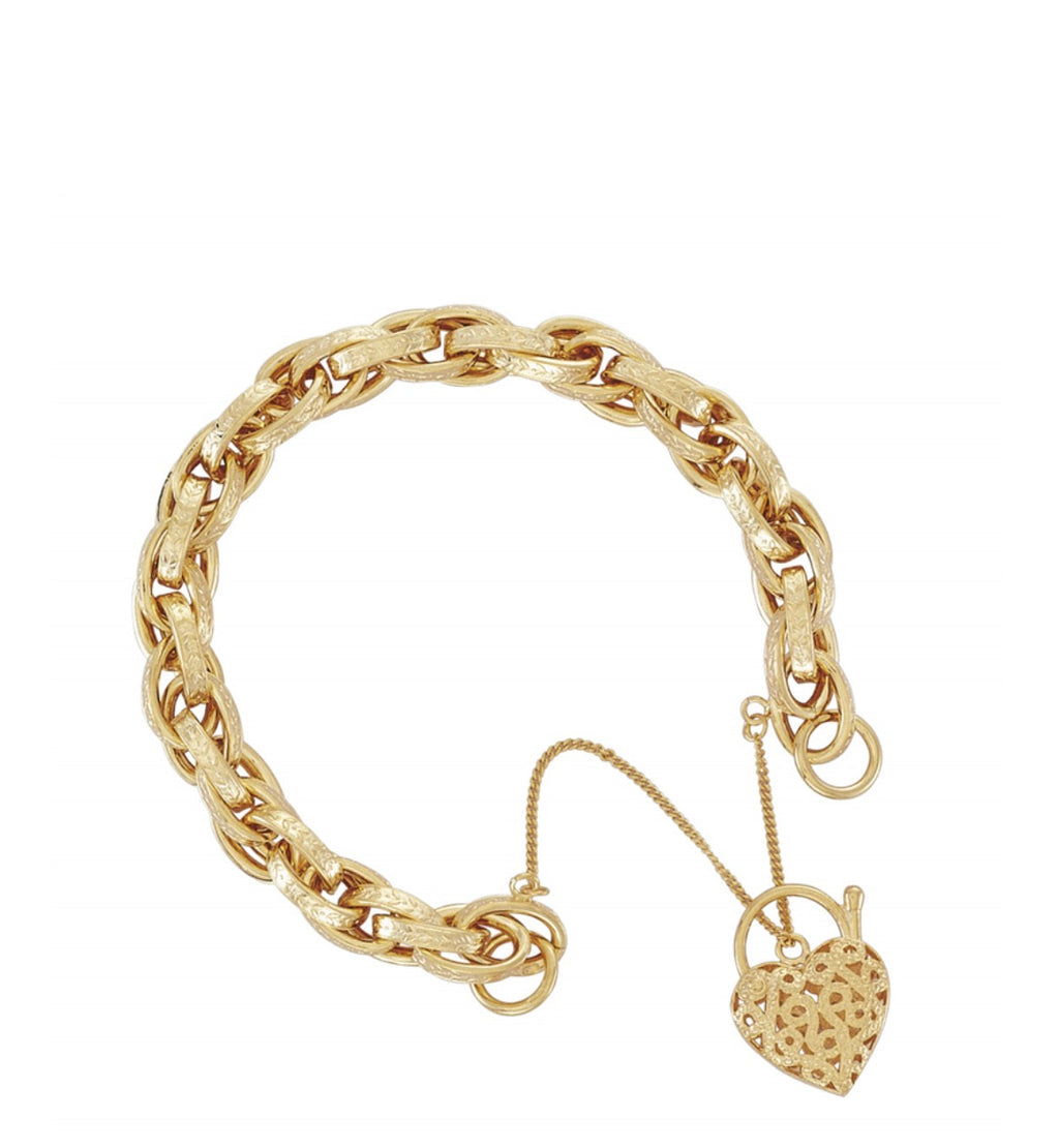 Solid 9ct Yellow Gold Prince of Wales Bracelet with Filigree Heart Padlock – 19.5g