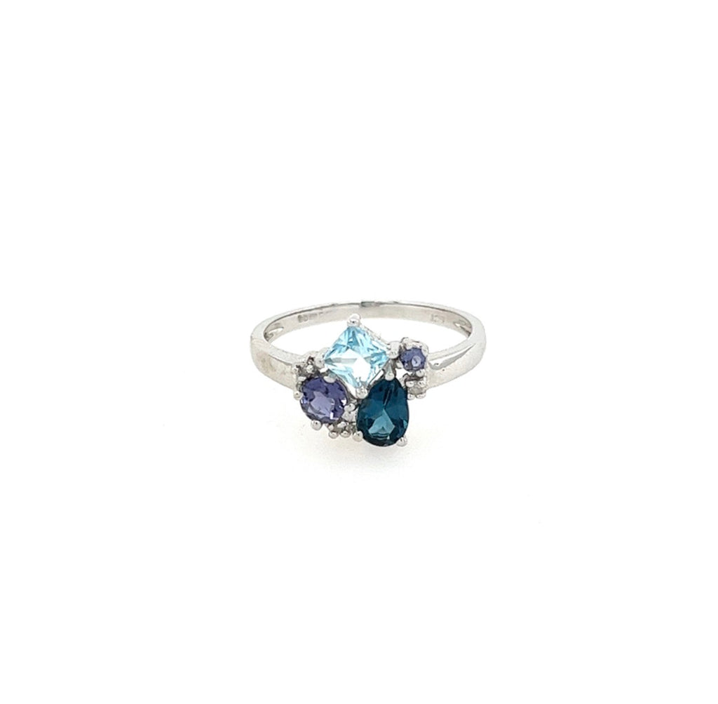 9ct White Gold Blue Topaz, Iolite & Diamond Cluster Ring