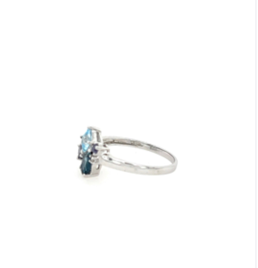 9ct White Gold Blue Topaz, Iolite & Diamond Cluster Ring