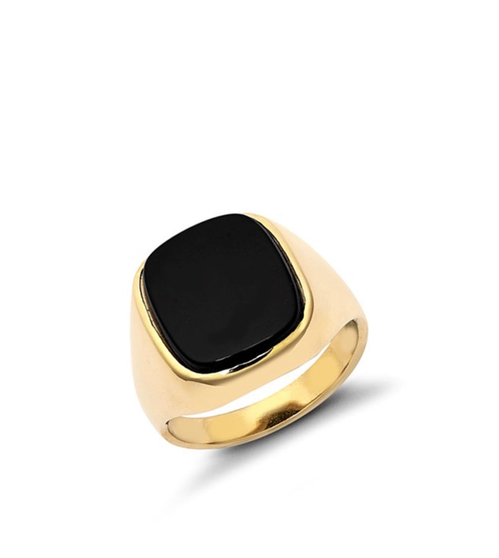 Heavy 9ct Yellow Gold Black Onyx Signet Ring – Cushion Cut | 8g Solid Gold
