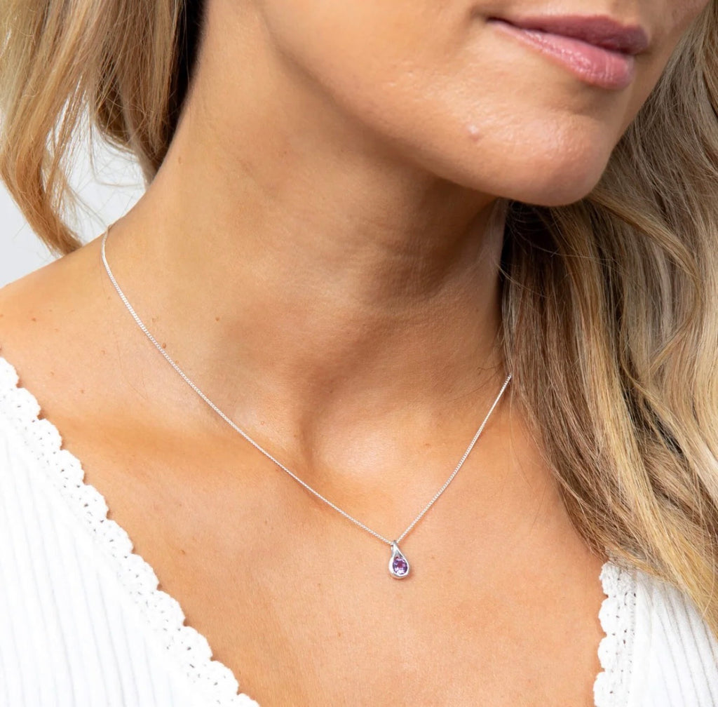 Sterling Silver Natural Amethyst Teardrop Pendant Necklace