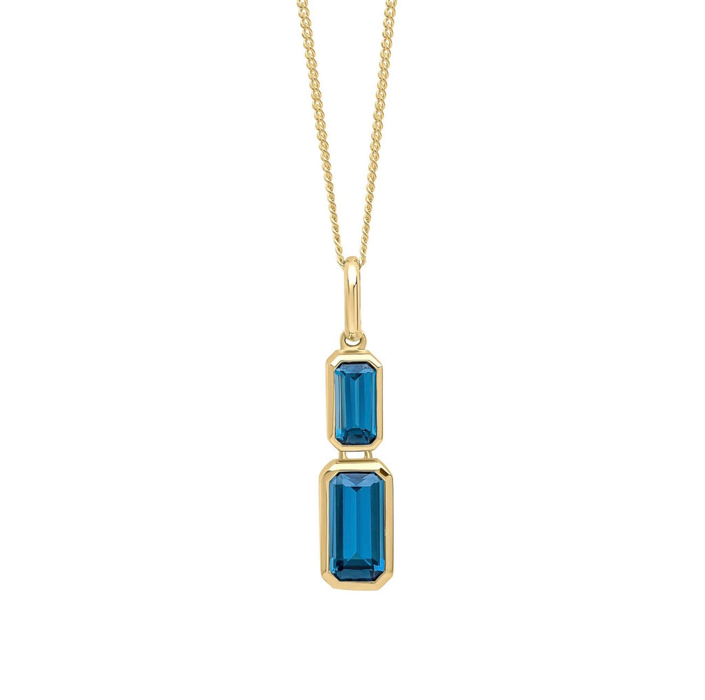 9ct Yellow Gold London Blue Topaz Drop Necklace - Emerald Cut Double Stone (45cm)