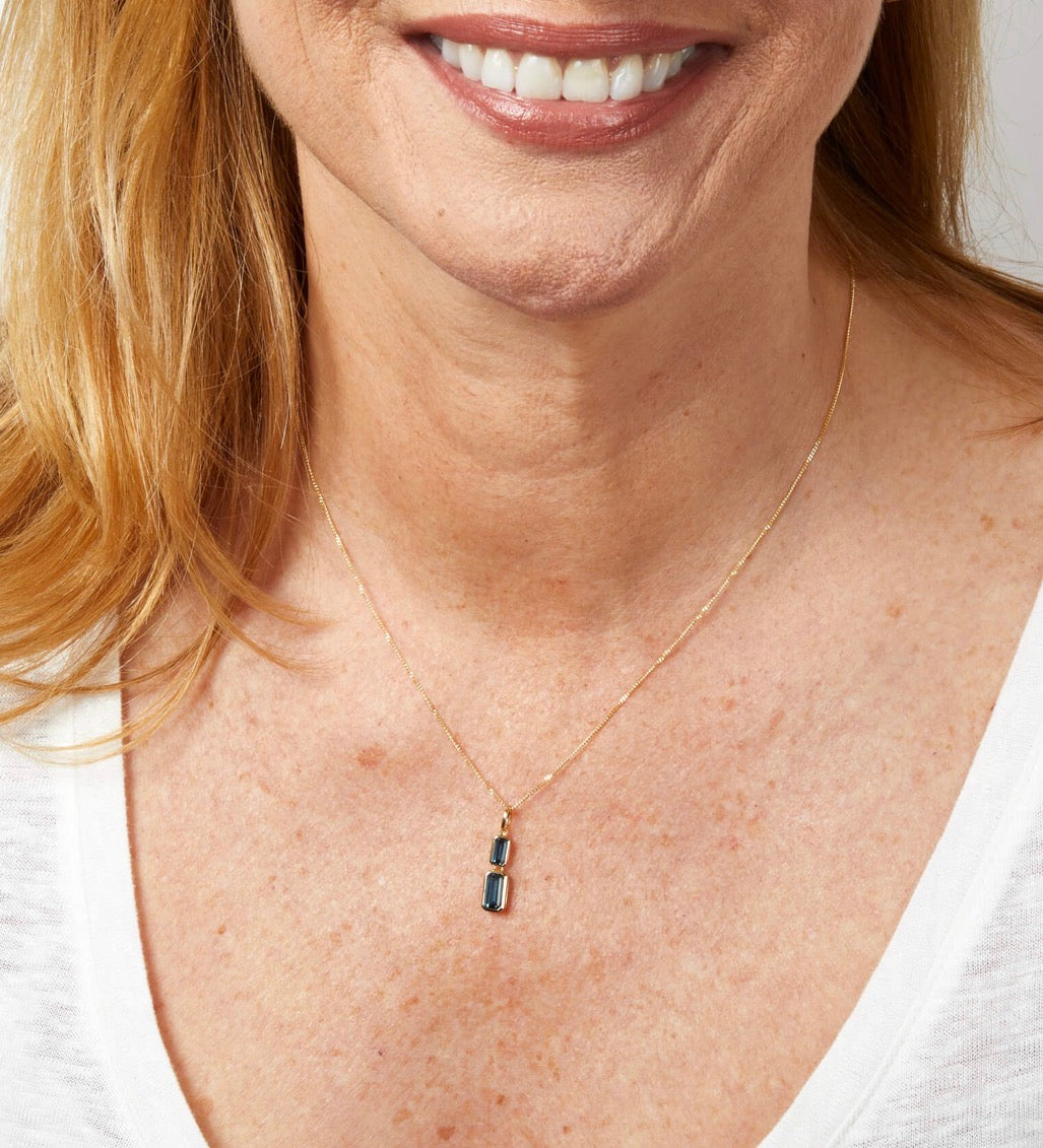 9ct Yellow Gold London Blue Topaz Drop Necklace - Emerald Cut Double Stone (45cm)