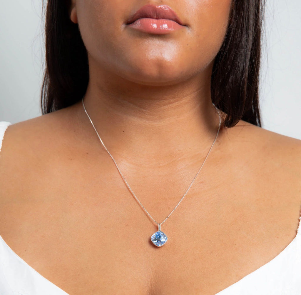Sterling Silver Cushion Cut Sapphire Crystal Necklace - 51cm
