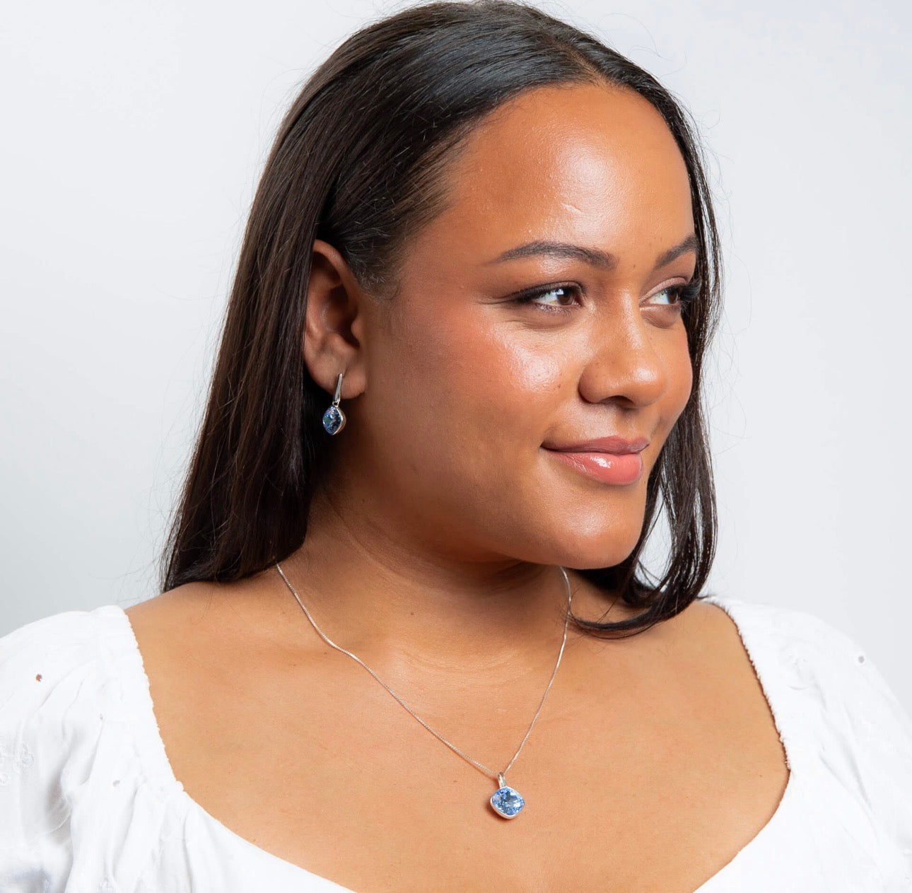 Sterling Silver Cushion Cut Sapphire Crystal Necklace - 51cm