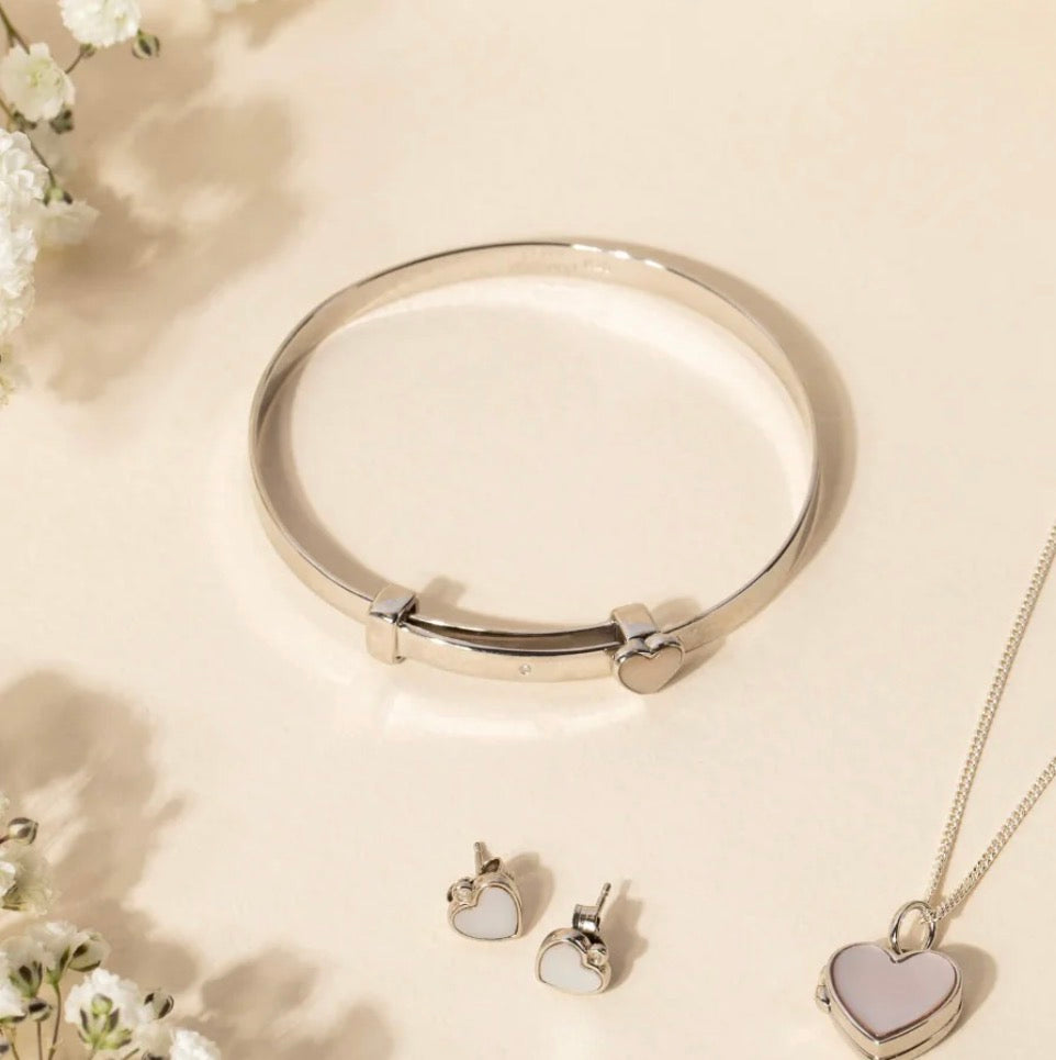 Mother of Pearl Heart Diamond Bangle - Sterling Silver