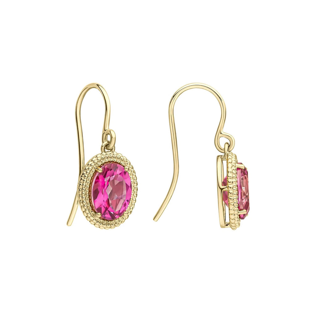 Oval Cut Pink Topaz Drop Earrings in 9ct Yellow Gold