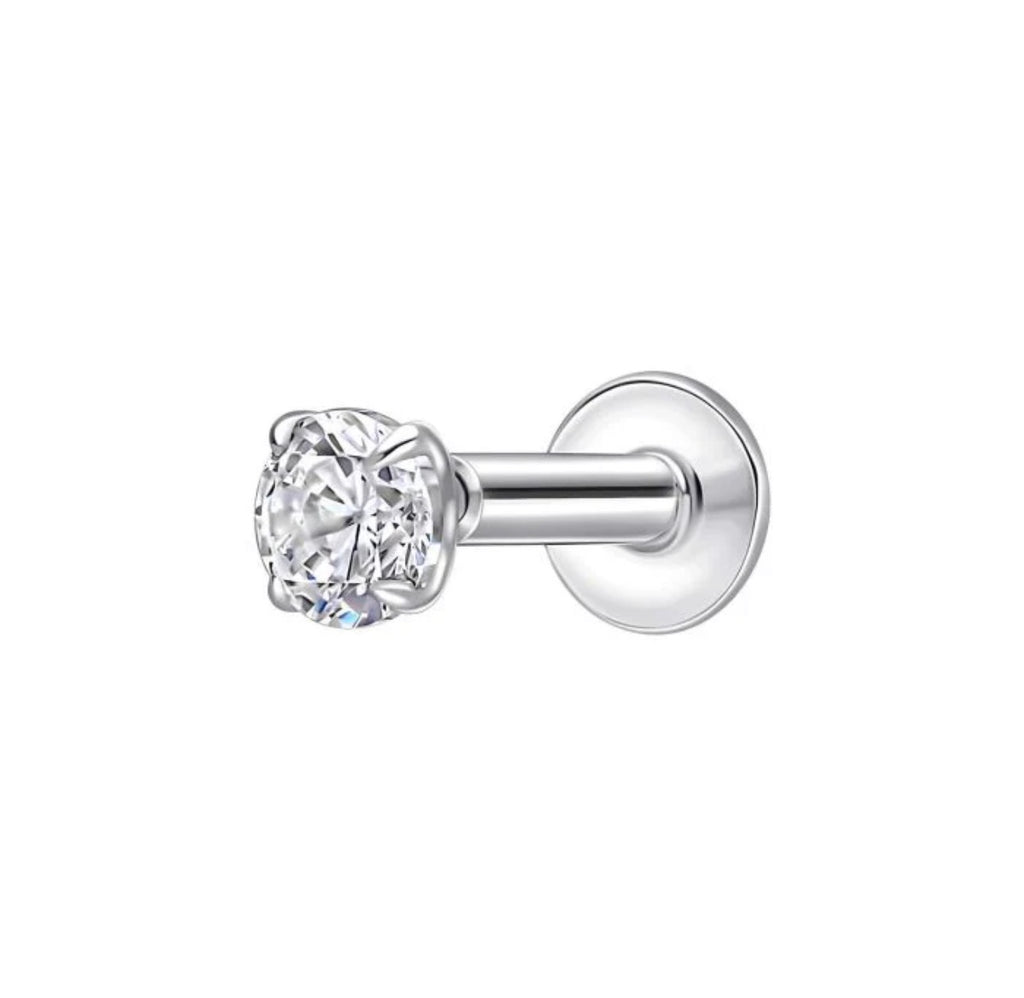 Sterling Silver CZ Labret Stud Earring – Flat Back Cartilage Helix Tragus Piercing