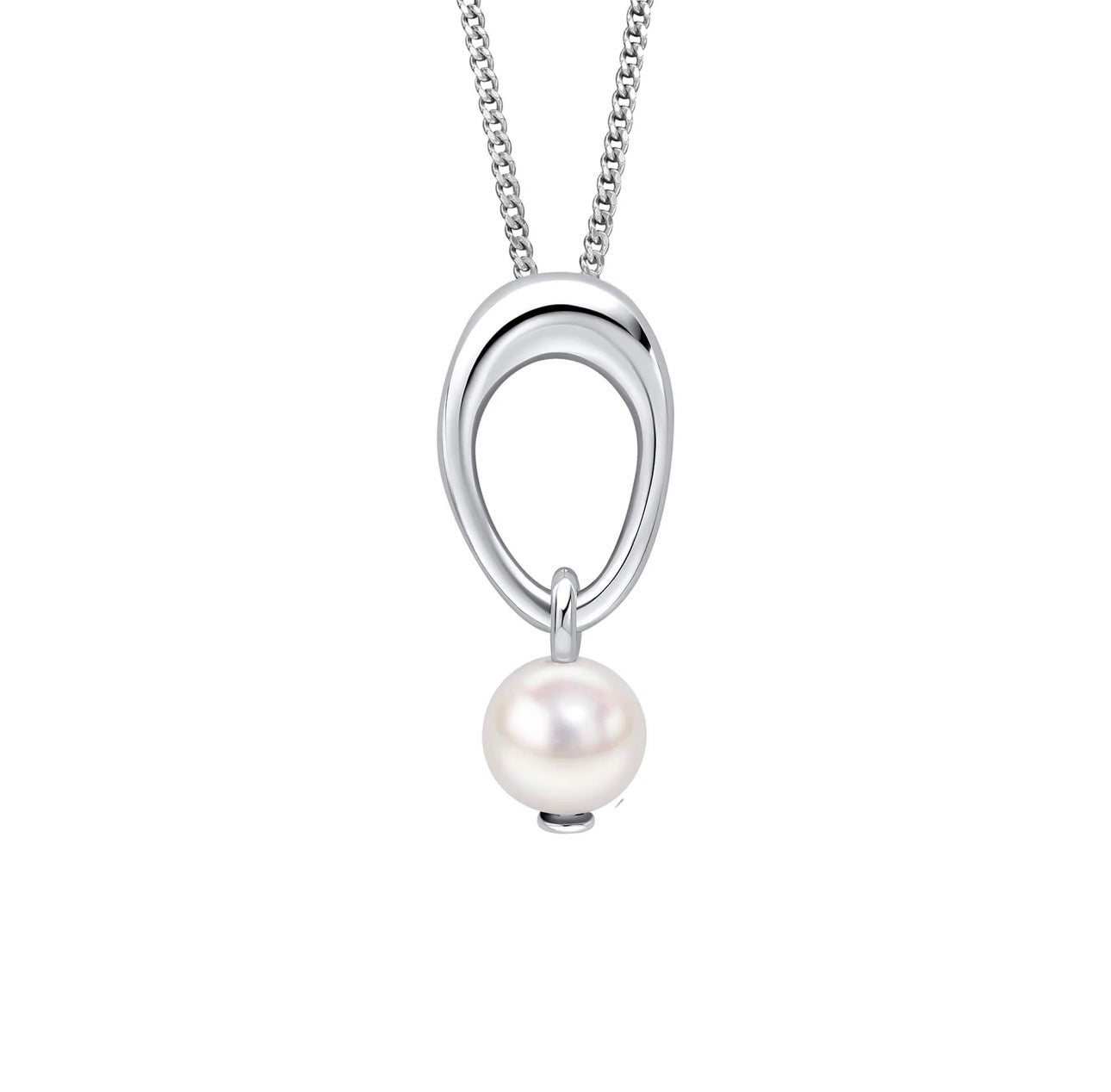 Sterling Silver Open Oval Freshwater Pearl Pendant Necklace – Rhodium Plated